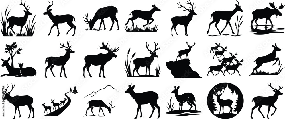 Obraz premium Black Silhouette Set Featuring Deer in Various Poses and Natural Habitat Scenes