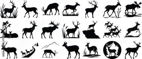 Black Silhouette Set Featuring Deer in Various Poses and Natural Habitat Scenes