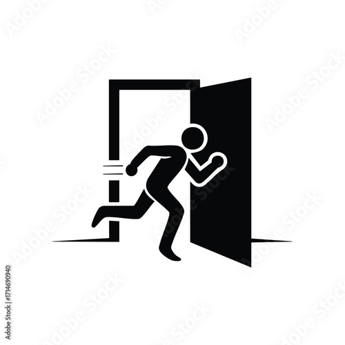 Silhouette of Person Running Through Door Emergency Exit Icon