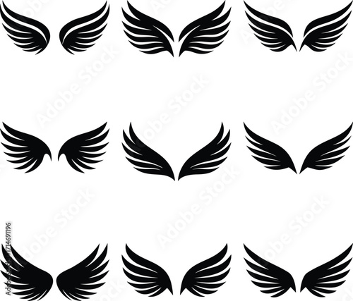 Black Wing Collection Assorted Designs of Wings Isolated on White Background
