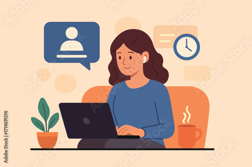 Woman Working on Laptop with Coffee at Home Office