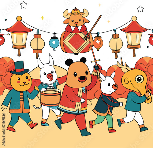 Playful cartoon kids and animals in the park, a fun vector collection of winter holiday stickers