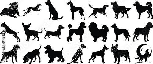 Collection of 21 Diverse Dog Breeds in Silhouette, Including Wolf Howling at Crescent Moon