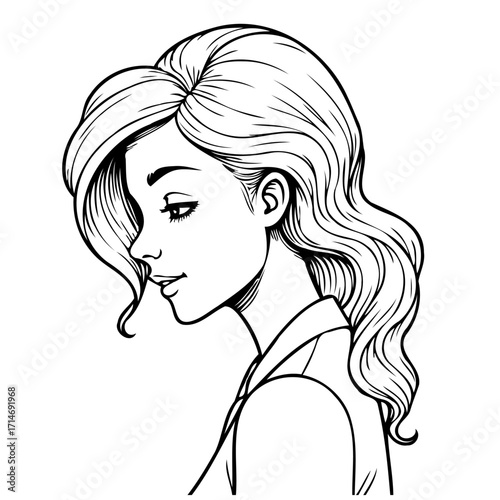 Elegant line drawing showcases a young woman with flowing hair in a graceful profile artistic
