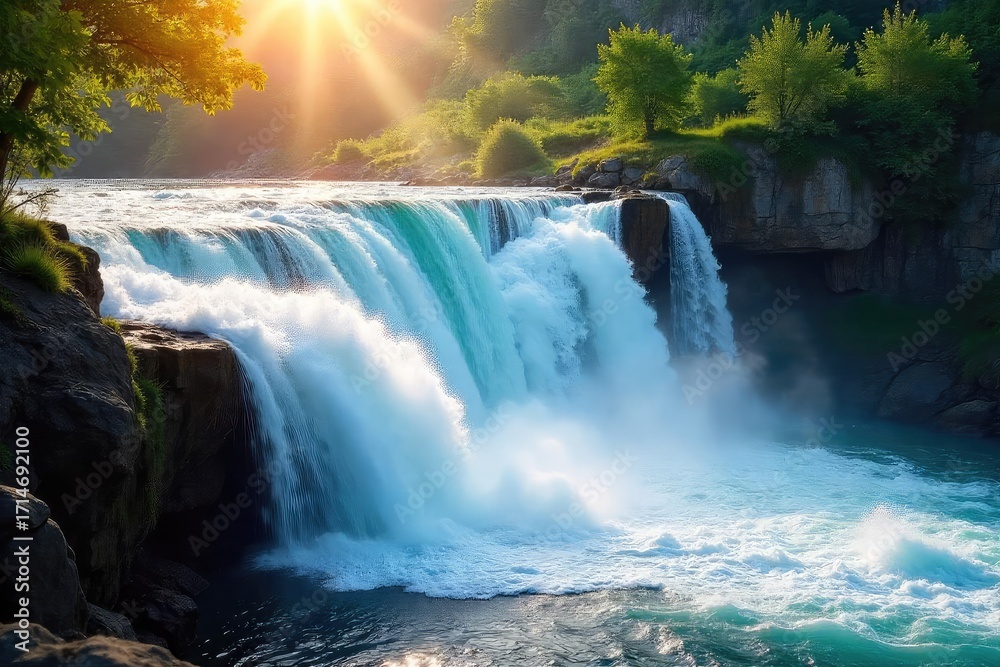 Fototapeta premium A breathtaking cascade of water tumbles over rocks, creating mesmerizing waterfall waves The sunlight catches the spray, highlighting the powerful yet serene beauty of nature , nature, river