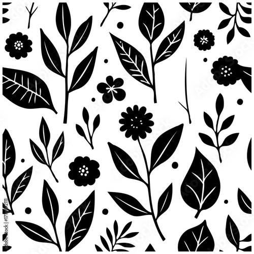 Elegant monochromatic botanical pattern showcasing floral motifs and leafy sprigs providing a