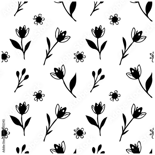 Elegant monochrome floral arrangement pattern featuring stylized tulips, sprigs, and tiny blossoms
