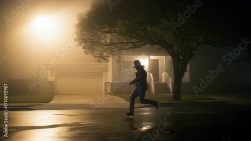 Thief in a white mask running with a stolen handbag on a foggy street near houses at night, criminal act footage