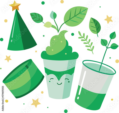 Vector illustration of a watering can with a pot of flowers and clover leaves for St Patrick's Day