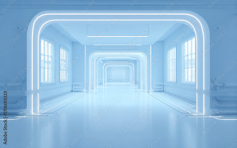 Obraz premium Futuristic corridor with neon lights and clean design