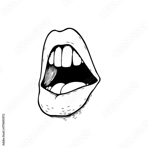 Expressive open mouth illustration in monochrome showing teeth and tongue with artistic flair