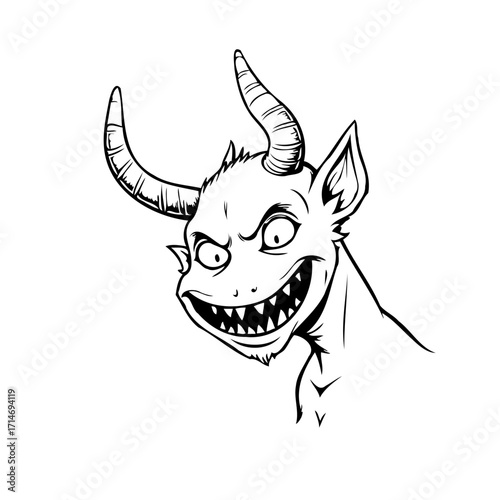 Fearsome horned creature illustration with sharp teeth and intense gaze for imaginative design use