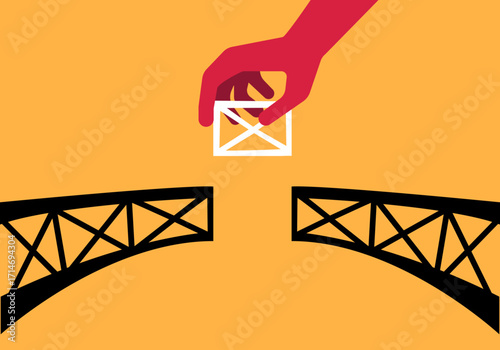 Hand connecting incomplete bridge with essential block, business collaboration illustration