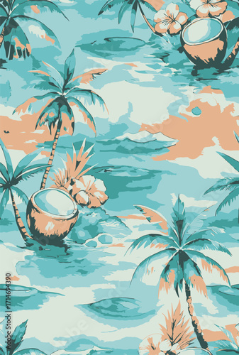 This is a Beautiful beach scene with swaying palm trees and a vast expanse of sand and ocean, the sun is setting casting a warm glow and the waves lap at the shore, it’s a tropical paradise.