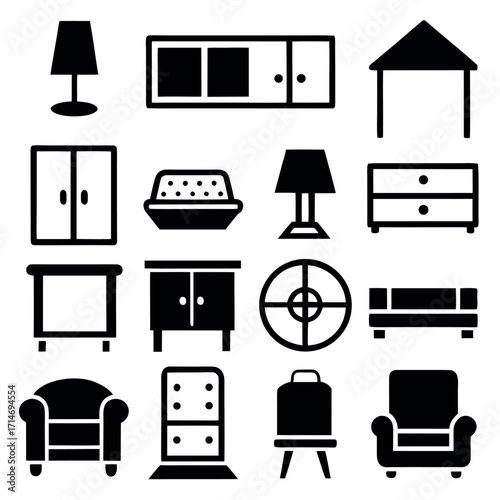 Collection of black furniture icons on white background