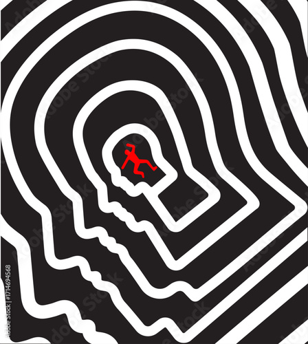 Man falling in swirl of human face shape deep cave, mental health illustration