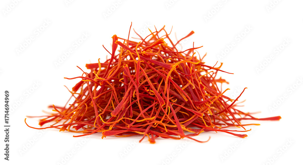 Fototapeta premium Pile of red and orange saffron threads on white background