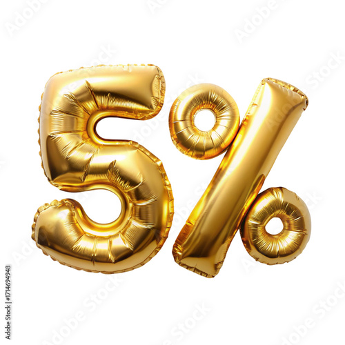 Golden Five Percent Balloons on Transparent Background for Sales and Discounts Offers