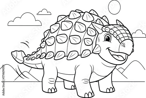 Cute Cartoon Ankylosaurus Dinosaur with Spikes and Tail Club - Fun Coloring Book Page for Kids and Toddlers