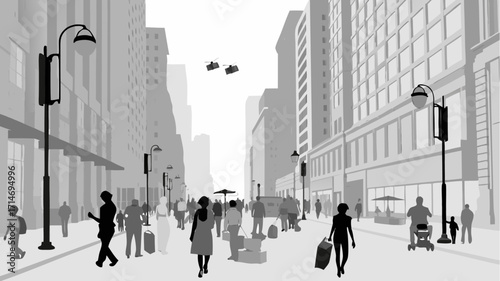 Vibrant city street scene with pedestrians and architecture, capturing the energy of urban life