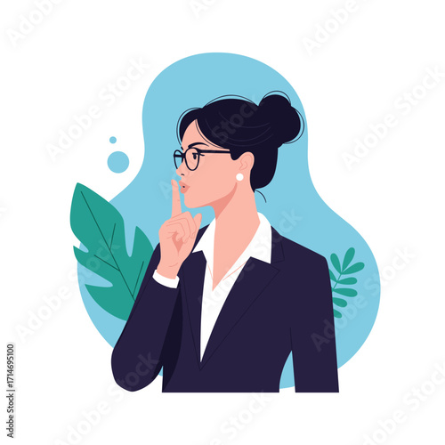 A professional woman in a suit gestures for silence with her finger to her lips.