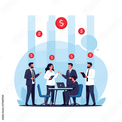 Business professionals collaborating on a financial growth strategy and analyzing investment opportunities for increased profitability.