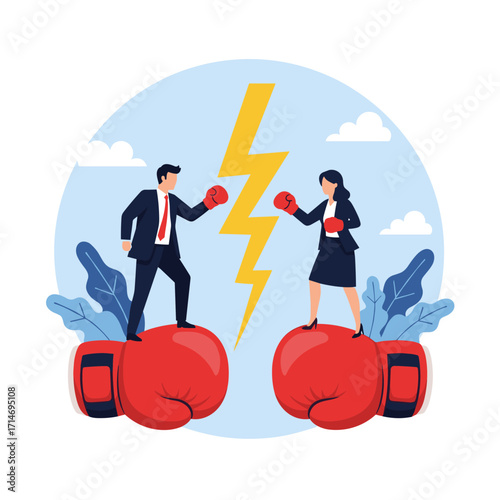 Business partners engage in a boxing match symbolizing competition and conflict resolution in the workplace.