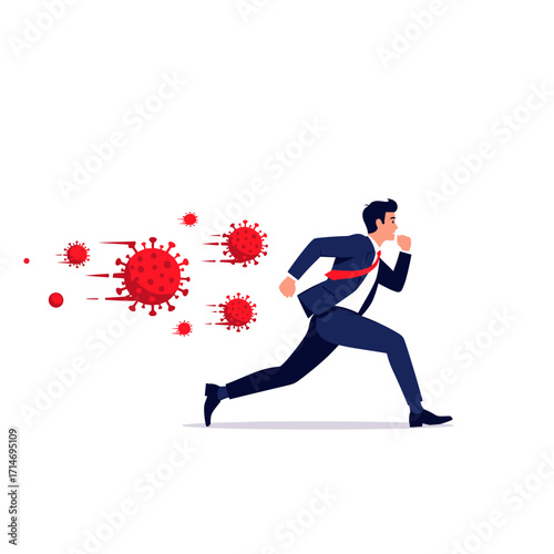 Man running away from coronavirus pandemic fear and anxiety.