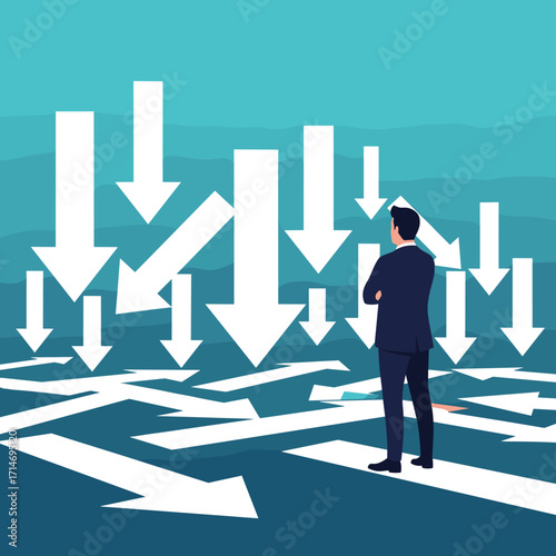 A businessman contemplating multiple complex decision pathways and their potential consequences.