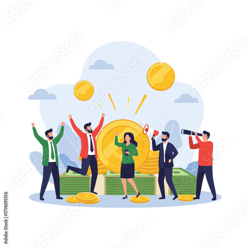 A group of diverse professionals celebrates a huge financial success and investment opportunity together with joyous enthusiasm and mutual appreciation.