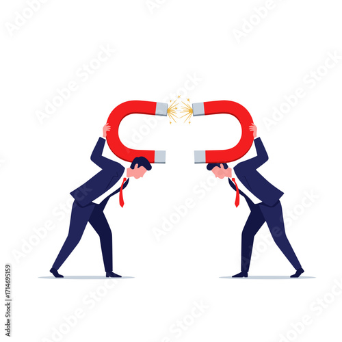 Two businessmen holding large horseshoe magnets attracting each other with sparks flying.