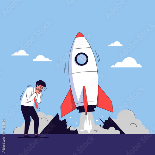 A businessman watches in horror as his startup rocket explodes during launch.