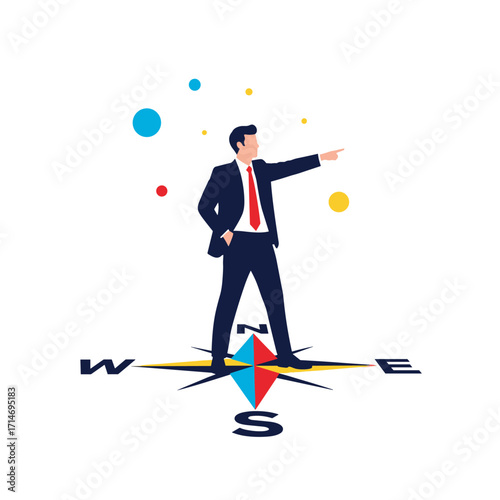 A businessman standing on a compass pointing towards the future with colorful ideas floating above.