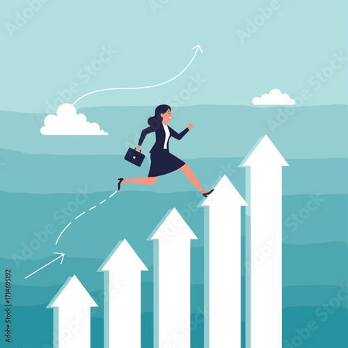 Businesswoman climbing upwards on increasing graph arrows symbolizing career growth and success.