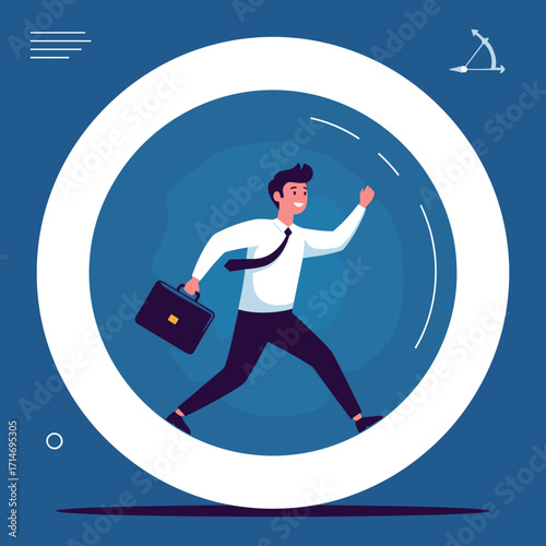 A determined businessman runs inside a hamster wheel symbolizing the relentless pursuit of professional goals.