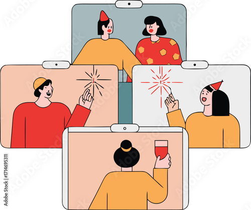 Vector drawing of a family with children cooking in the kitchen at a restaurant