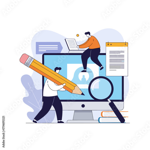 Illustrating the concept of content creation and digital marketing strategies with a focus on online research and writing.