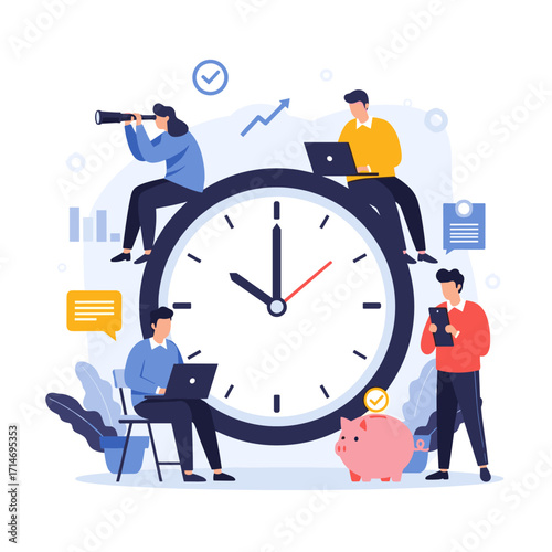 Team members collaborating around a clock to manage their time and resources effectively for project success.