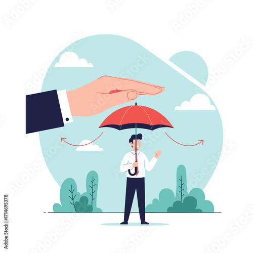 A large hand shelters a person holding an umbrella from the elements.