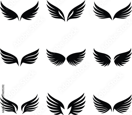 Nine Black Wing Sets in Format Depicted on a White Background for Creative Designs