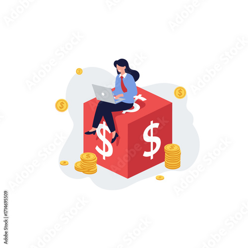 A woman works on her laptop while sitting on a red cube with dollar signs and surrounded by gold coins and other coins.