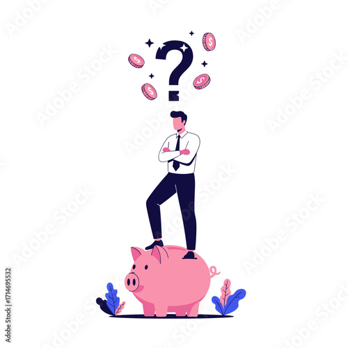 A confused businessman standing on a piggy bank under a question mark and coins.