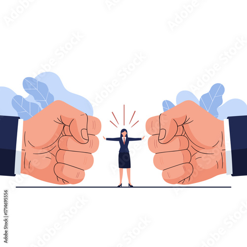 A determined businesswoman stands strong between two enormous fists opposing her progress.