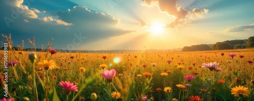 A single sunbeam cuts through the hazy summer sky, illuminating a vibrant field of wildflowers The intense heat shimmers above the golden grasses , bright, yellow