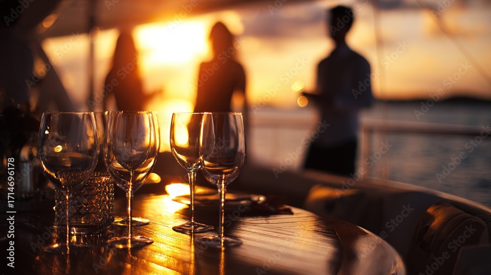 Naklejka premium Sunset yacht party with glasses ready for celebratory drinks.