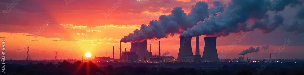 Obraz premium Immense Coal Power Plant at Sunset Billowing Smoke Stacks and Dramatic Sky, Industrial Energy Generation, Environmental Impact