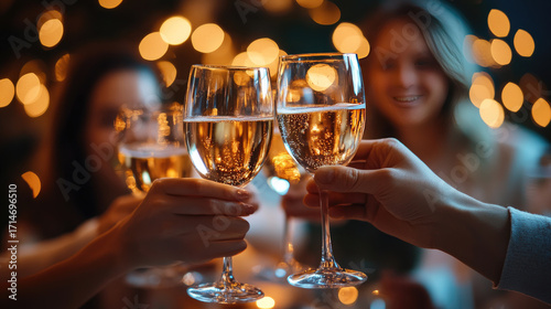 group of office workers laughing and toasting at corporate holiday party elegant clothing warm lighting festive celebration cheerful workplace seasonal joy stock photo