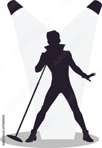 Male performer silhouette on stage with spotlight, dramatic pose, theatrical act, showbiz, entertainment, vector illustration, stage lighting, concert, live show, shadow figure, modern design