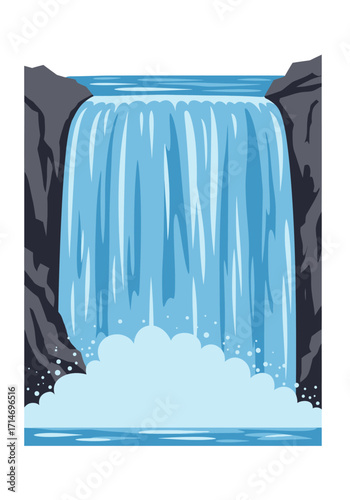 Majestic Waterfall Illustration Cascading Blue Water Frothy Base Dark Grey Rock Formation.