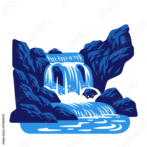 Stylized Waterfall Cascading Over Dark Rocks.
